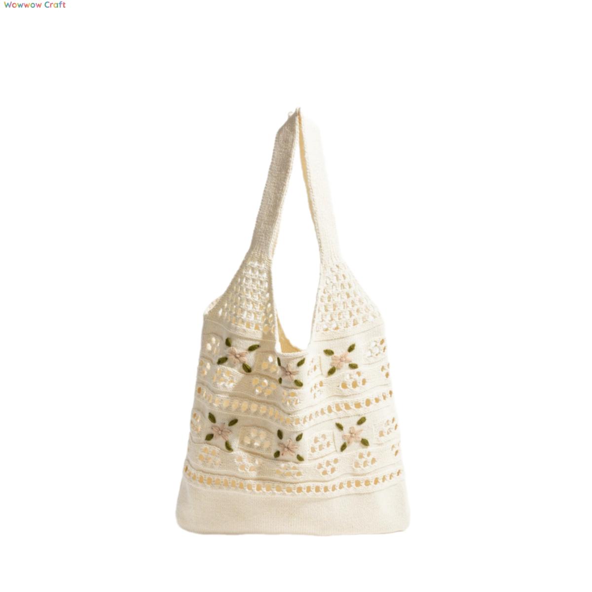 Off-white hollow knitted shoulder bag - summer vacation beach bag