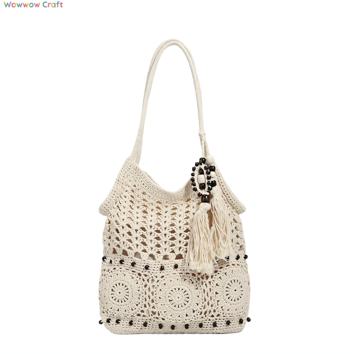 Wooden Bead Tassel Crocheted Shoulder Bag - Handmade Crocheted Bag