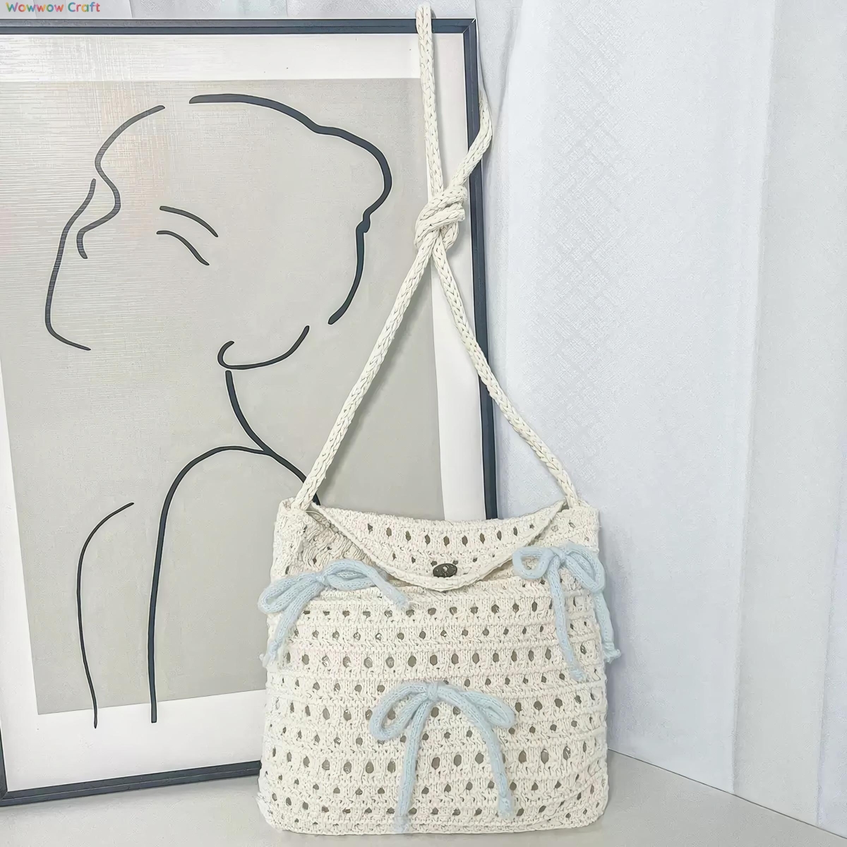 Clear bow white crochet mini bag - Crochet crossbody bag