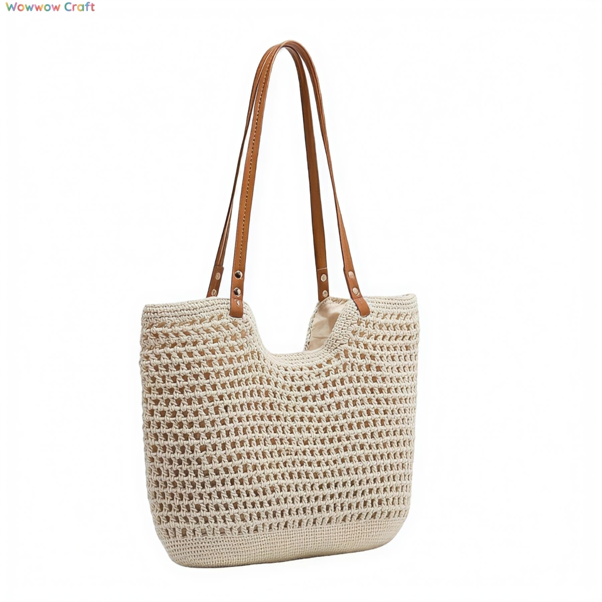 Crocheted shoulder bag with brown leather straps - Beach Crochet Bags
